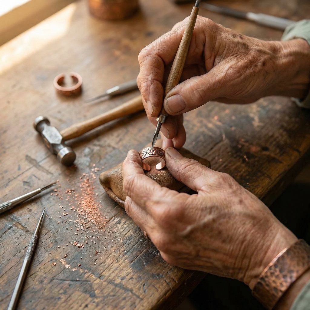 Margaret copper ring worn on the hand