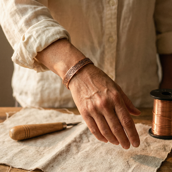 Marianne copper cuff botanical engraving detail
