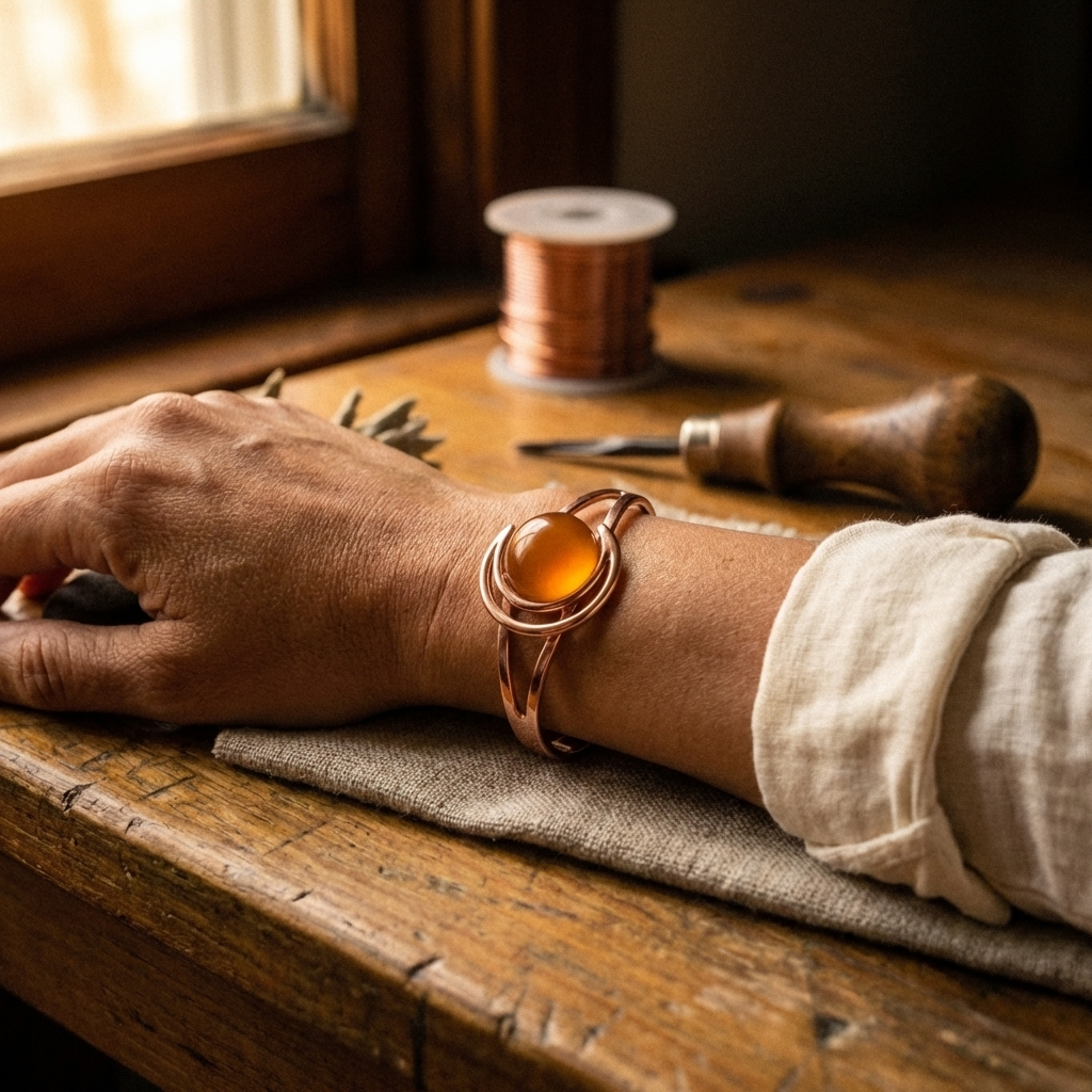 Maude copper cuff amber stone detail
