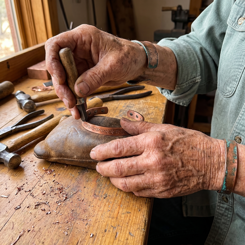 Miranda copper bangle worn on the wrist