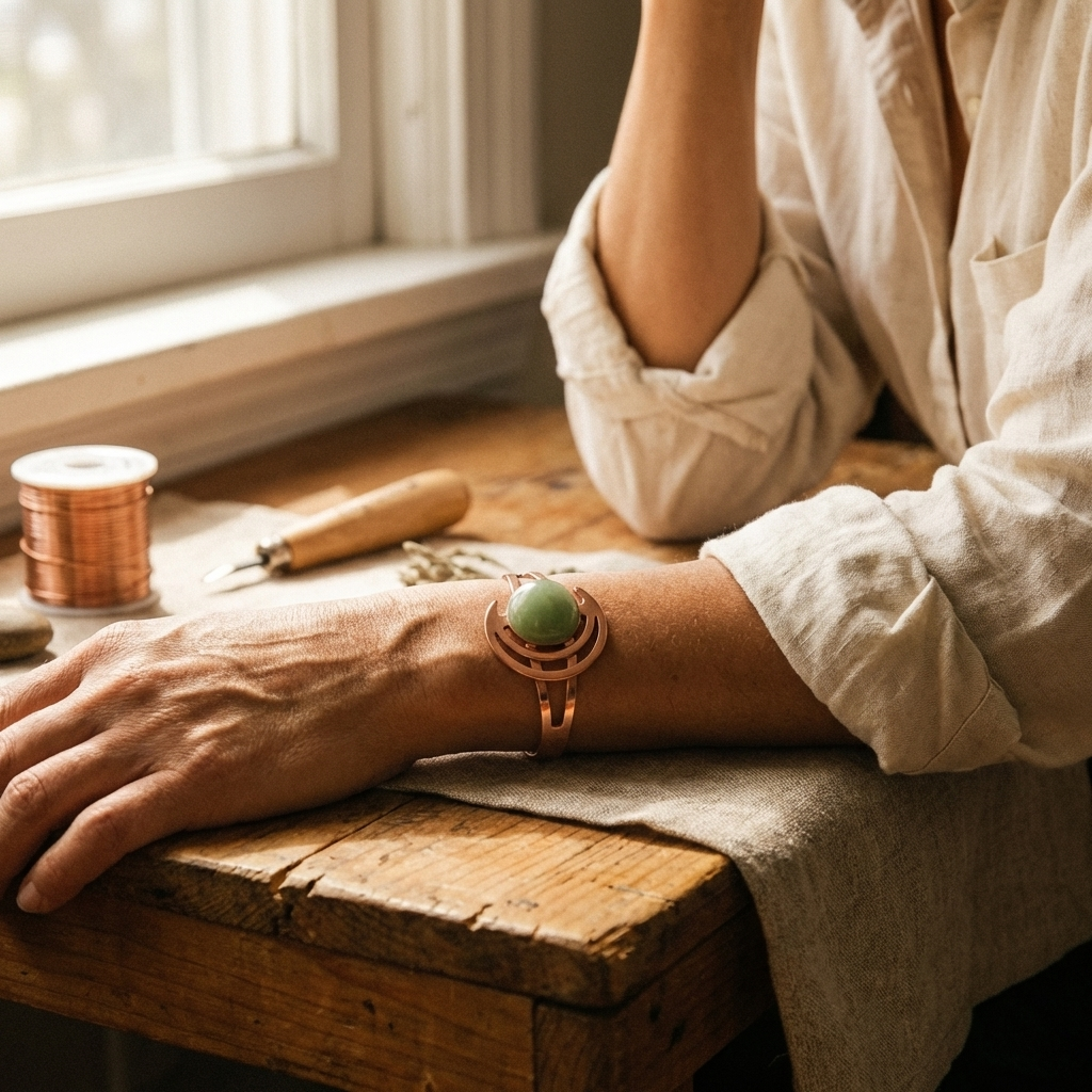 Muriel copper cuff stone setting detail
