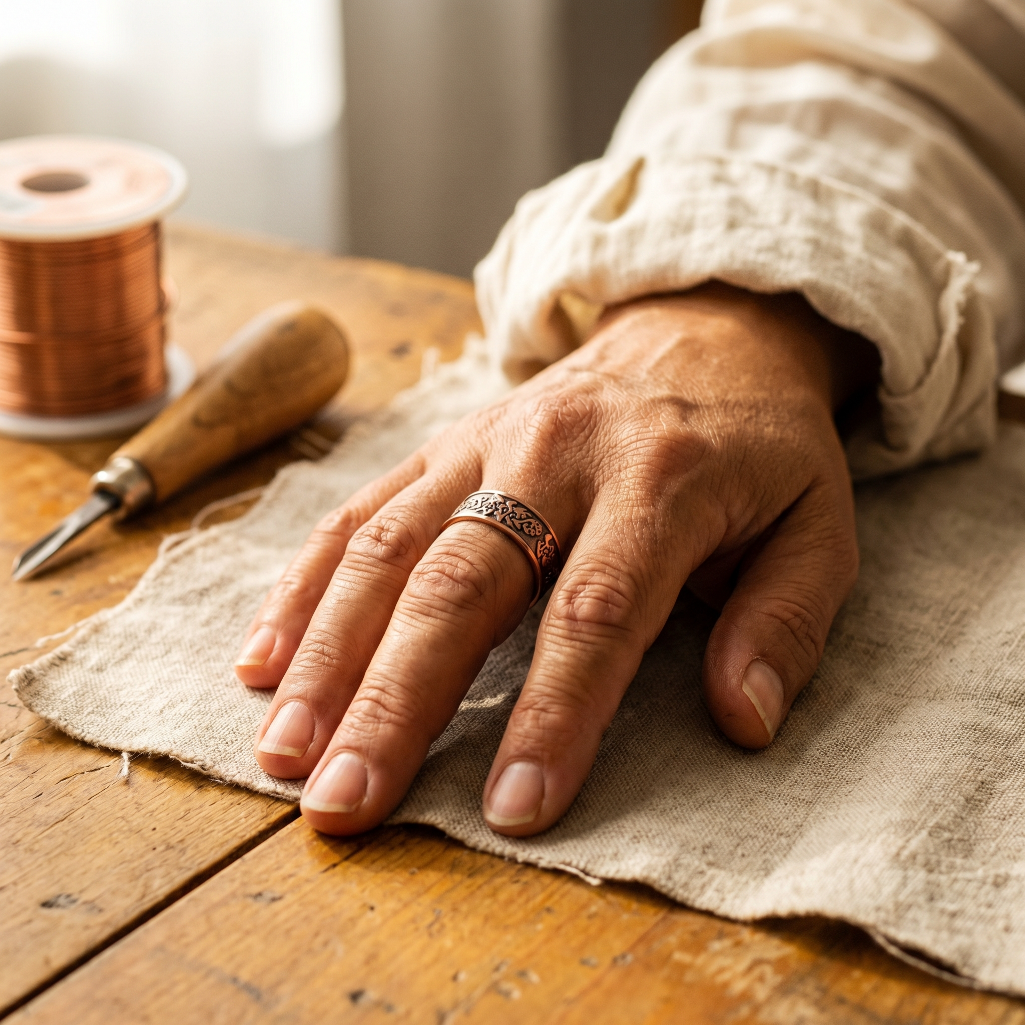 Myrtle copper ring floral engraving detail