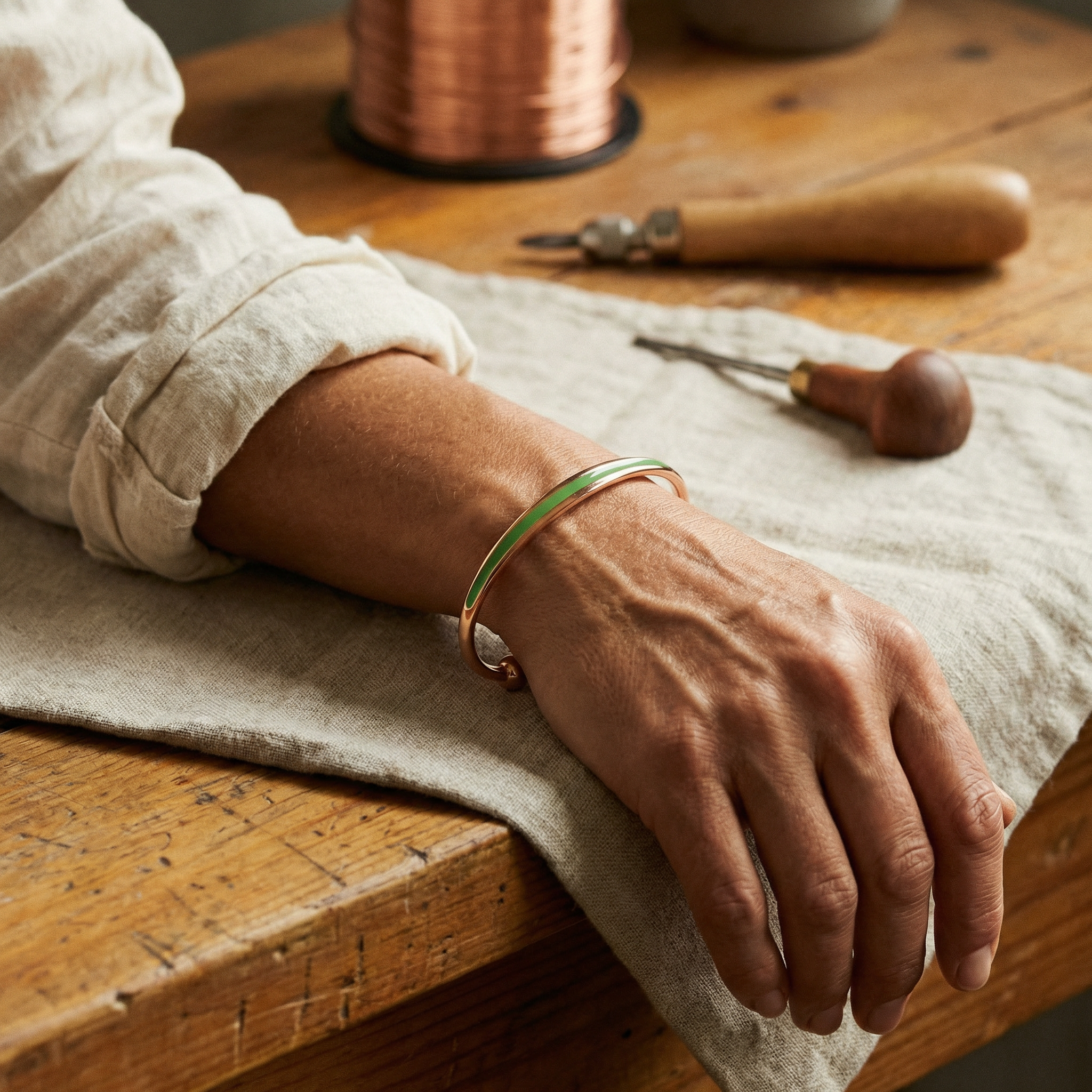 Olive copper bracelet stone inlay detail