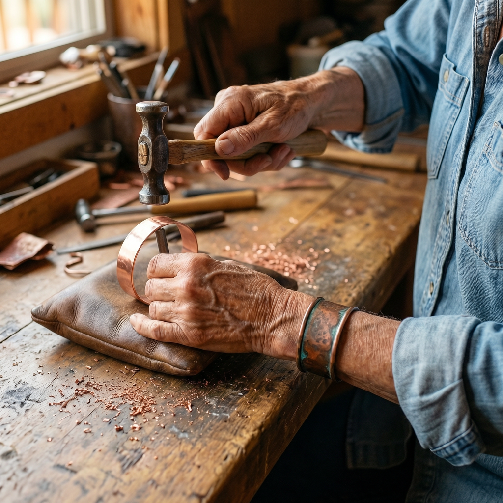 Penelope copper bracelet worn on the wrist