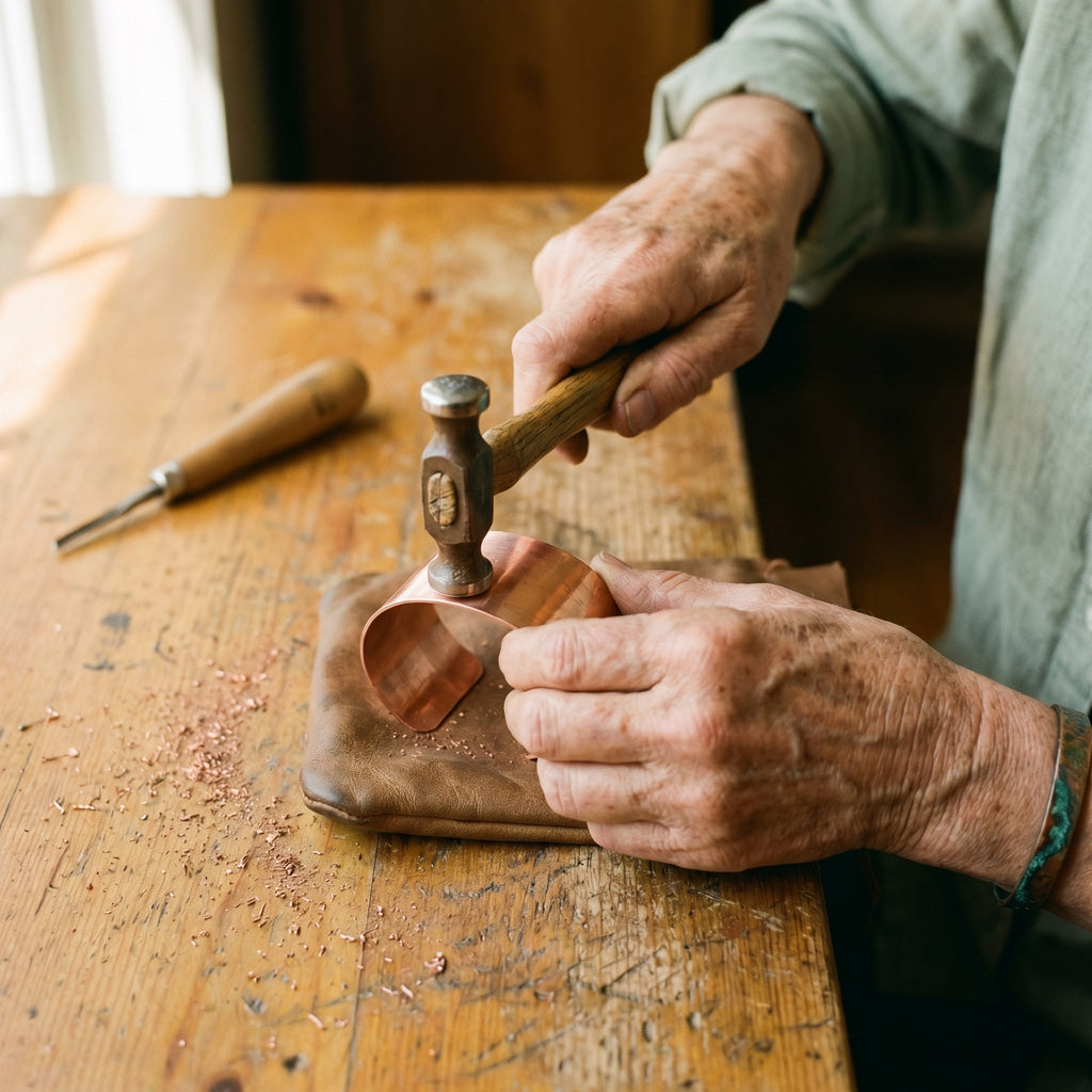 Phoebe copper cuff worn on the wrist