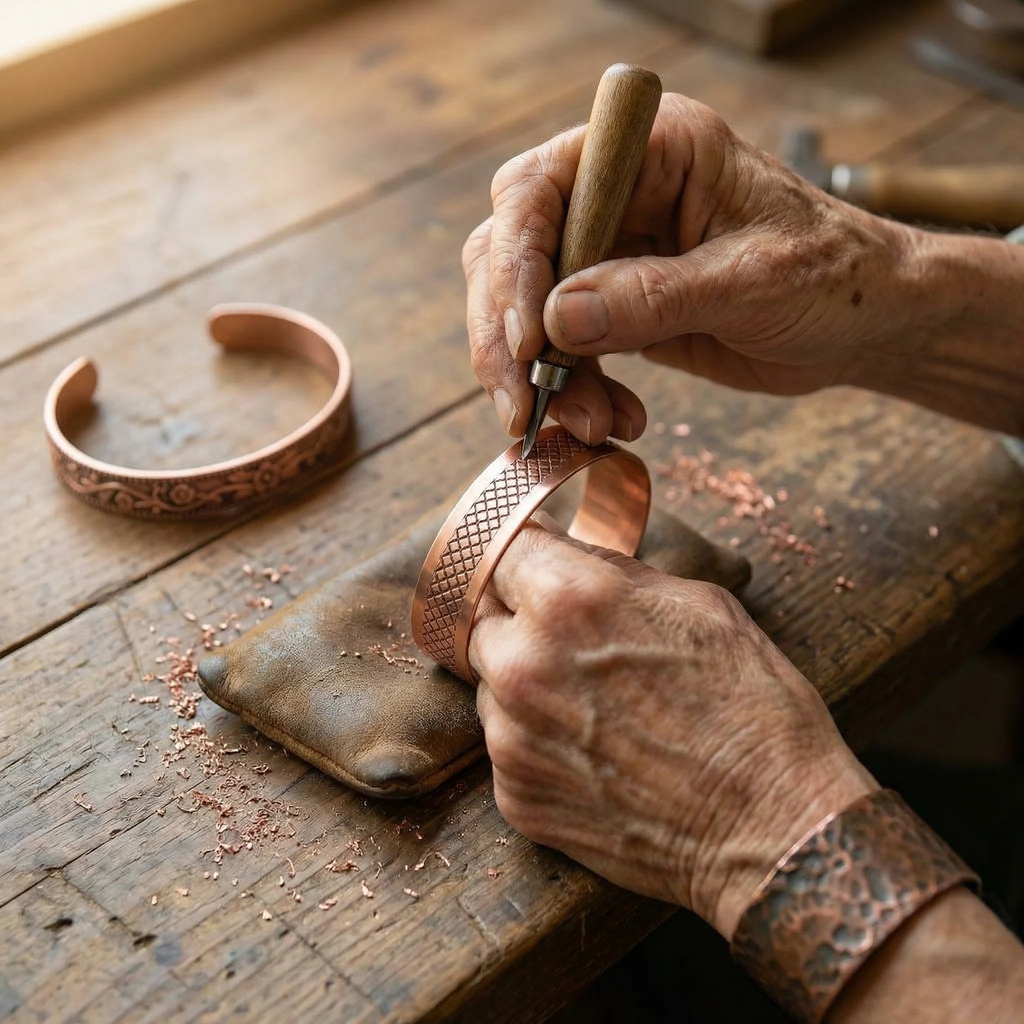 Priscilla copper cuff worn on the wrist