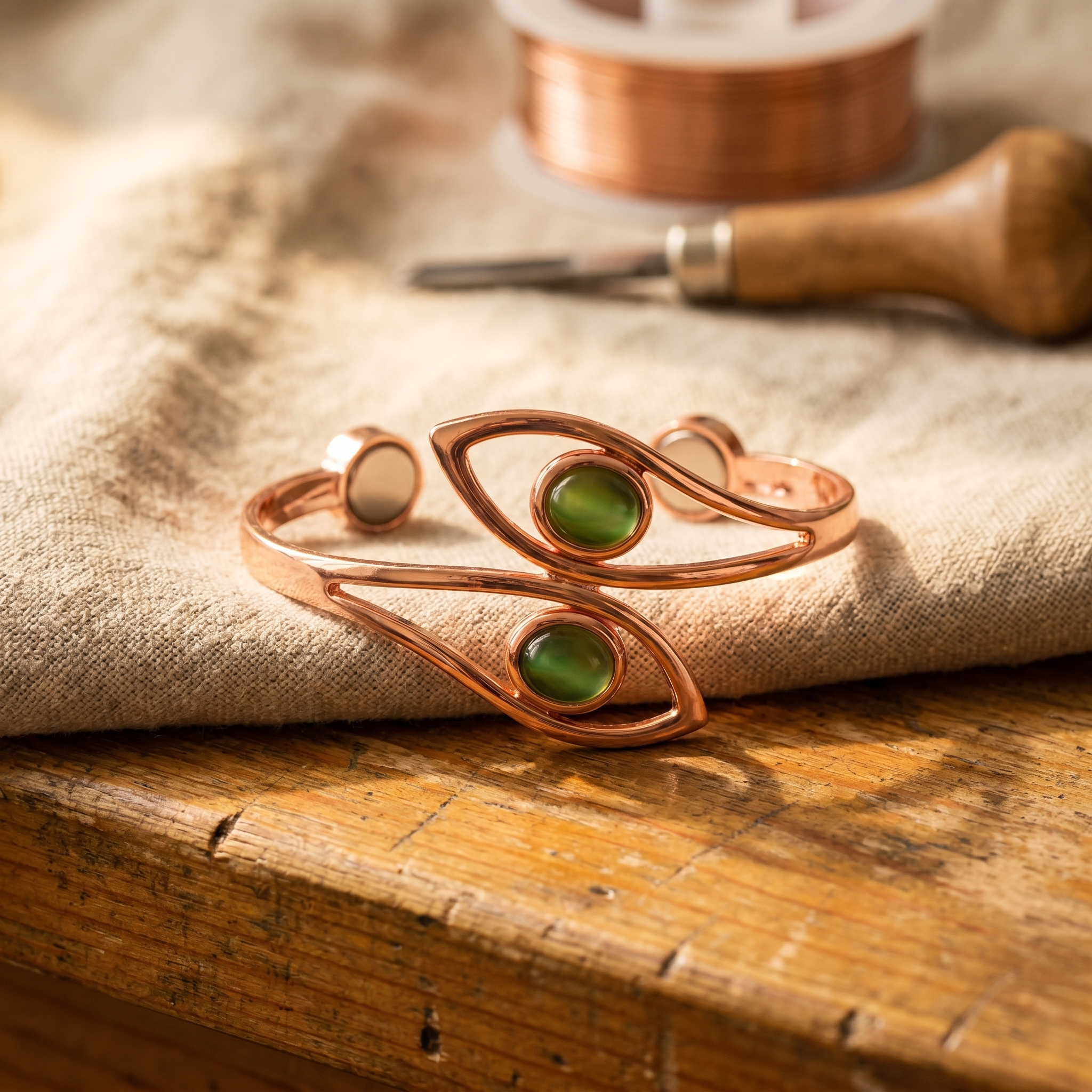 Ruby green stone wire frame copper cuff