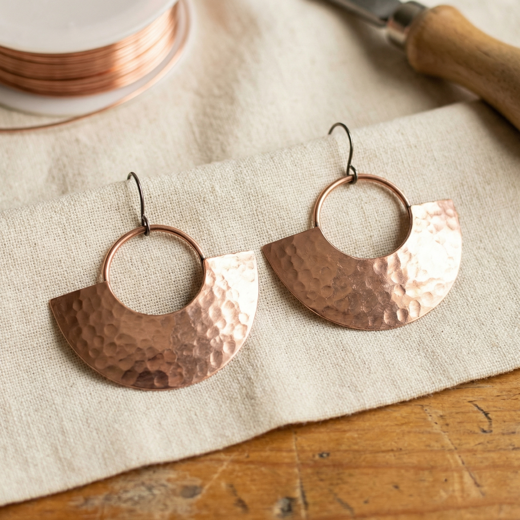 Temperance hammered fan copper earrings