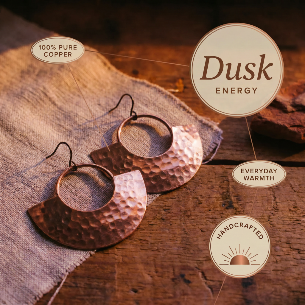 Temperance copper earrings close up