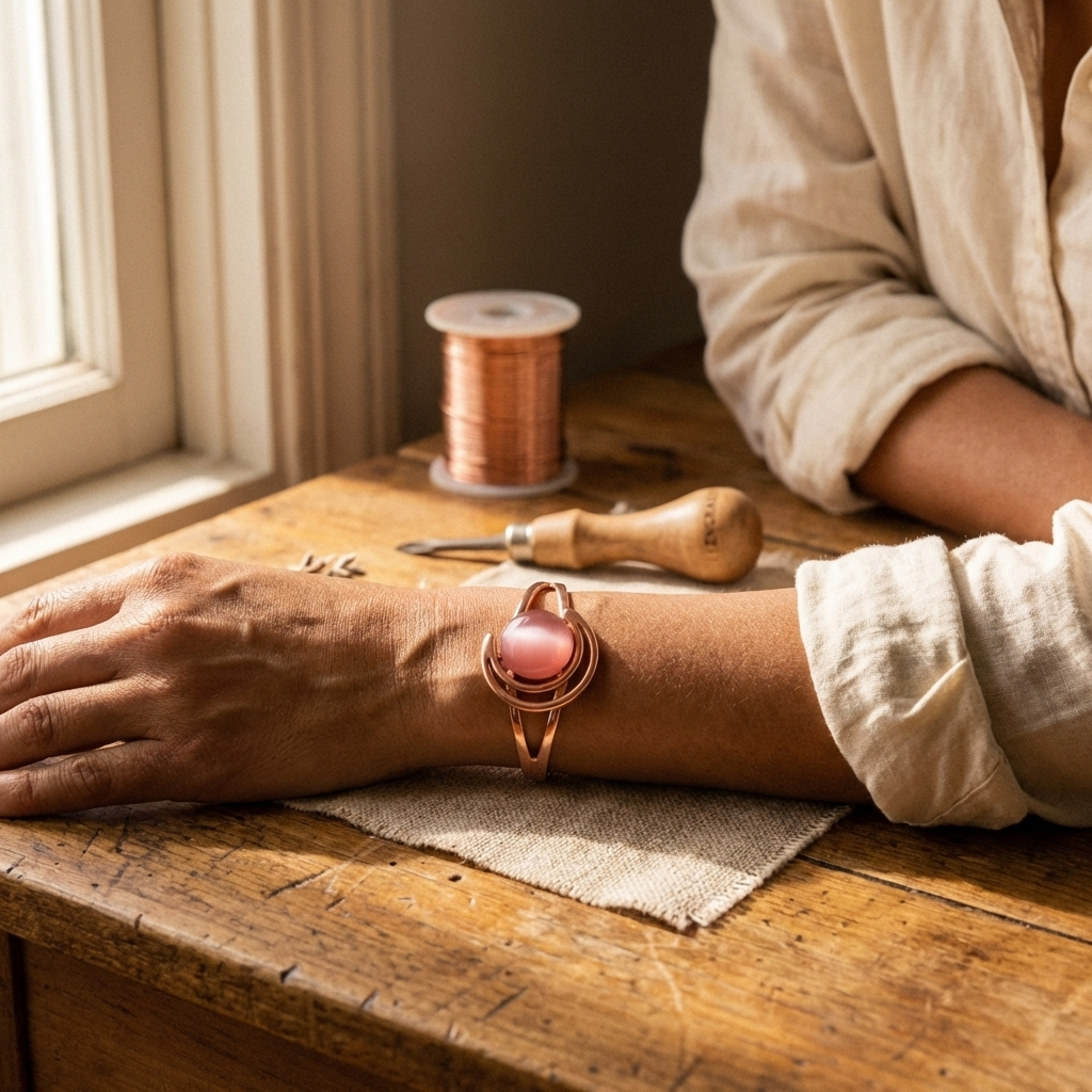 Venetia copper cuff pink stone detail